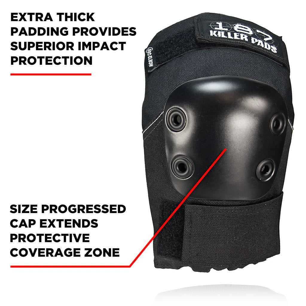 Black elbow pad with text highlighting features on a white background