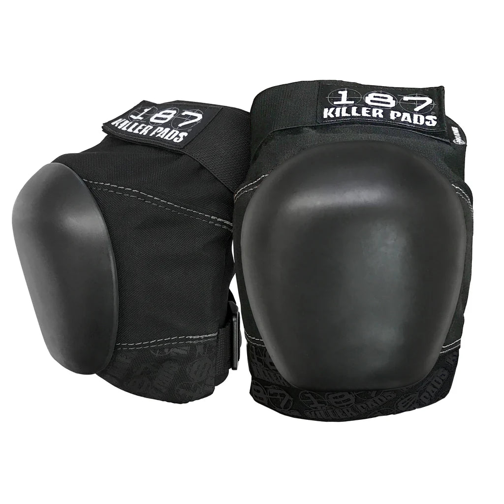 Black knee pads with '187 Killer Pads' branding on a white background