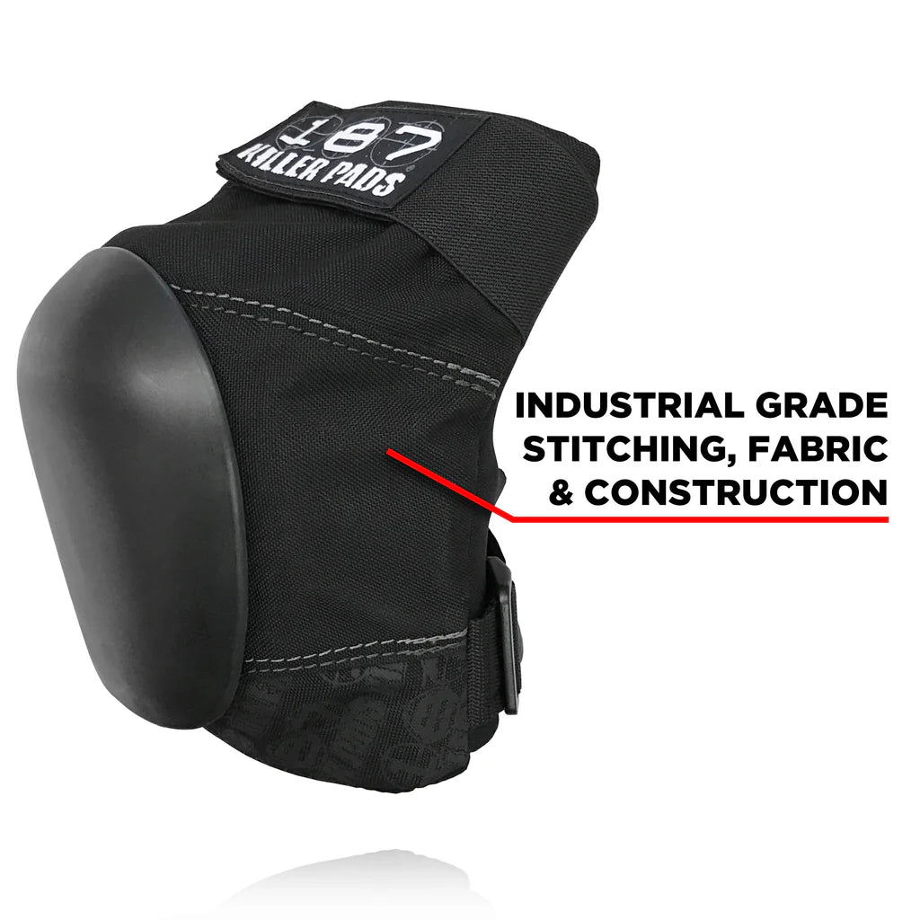 Black knee pad with '187 Killer Pads' branding on a white background, highlighting industrial grade stitching and construction.