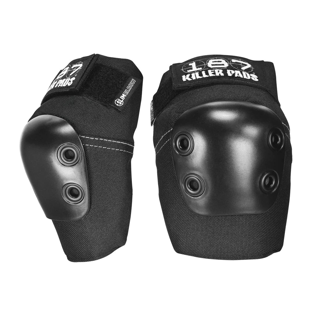 Pair of black elbow pads with visible branding on a white background