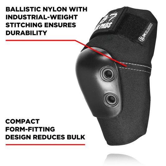 Black elbow pad with text highlighting durability and compact design on a white background