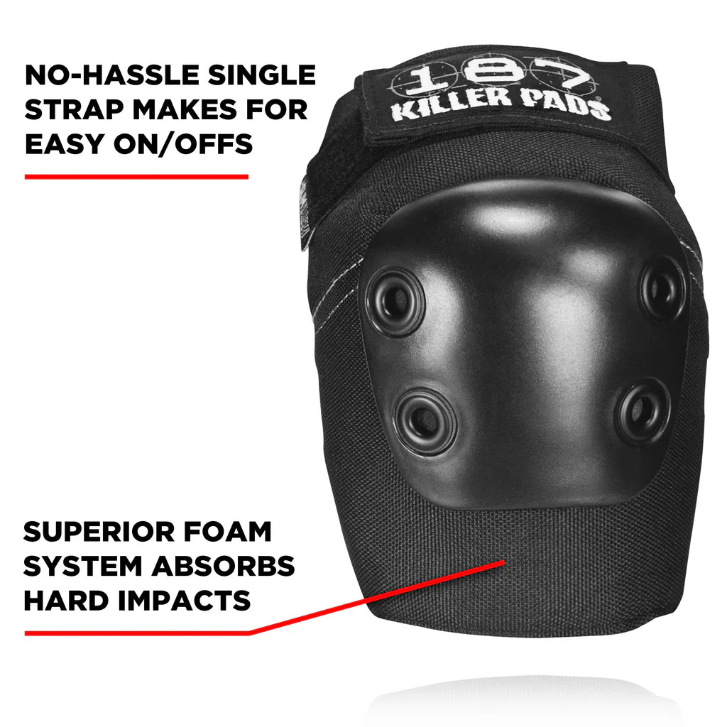 Black elbow pad with text highlighting features on a white background