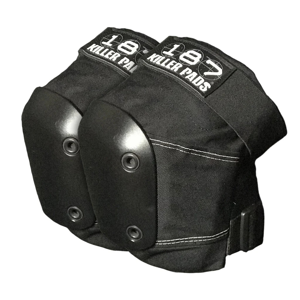 Black knee pads with '187 Killer Pads' branding on a white background