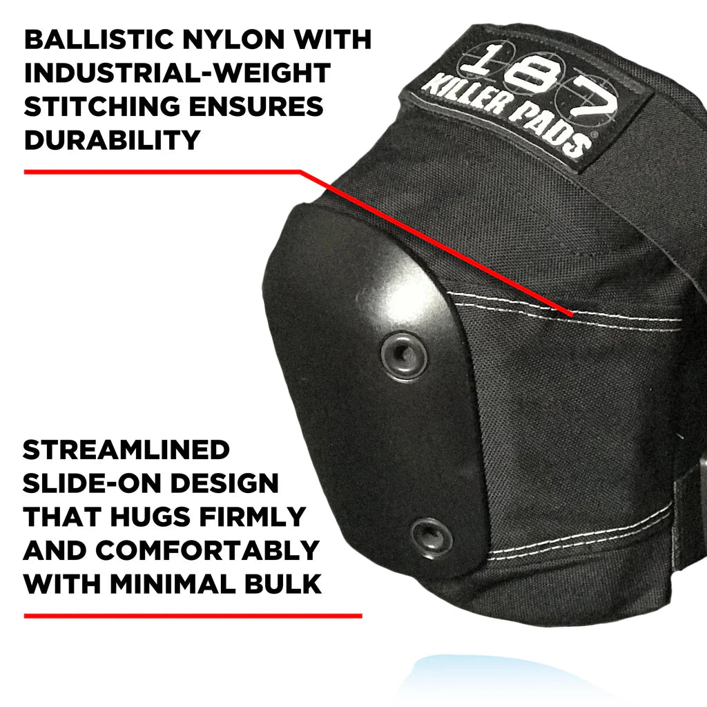 Black protective knee pad with '187 Killer Pads' branding, highlighting durability and design features.