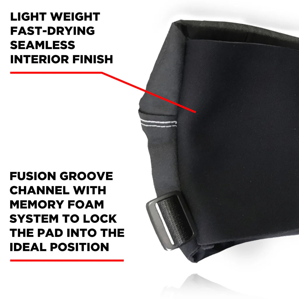 Black knee pad with text highlighting features on a white background