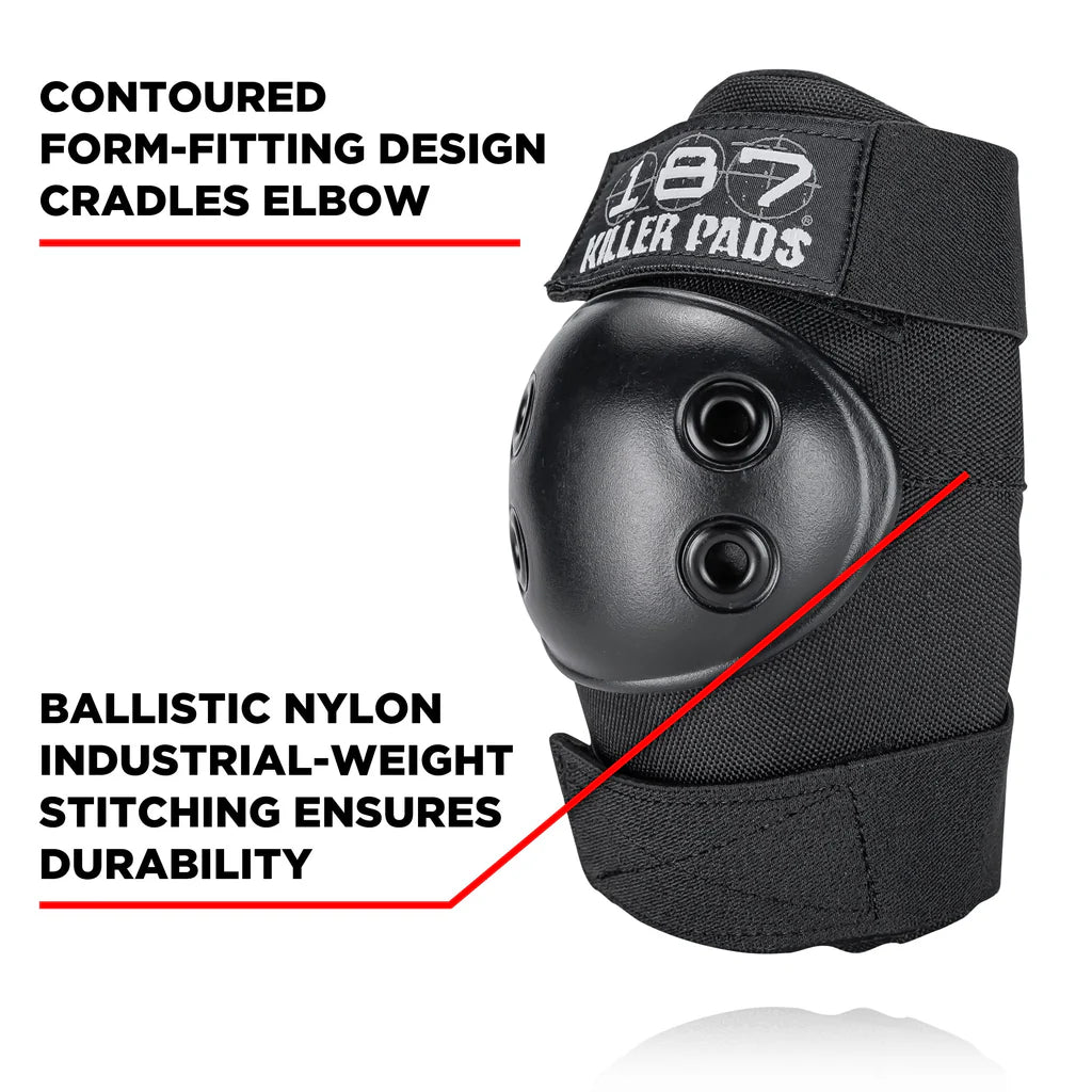 Black elbow pad with text highlighting features on a white background