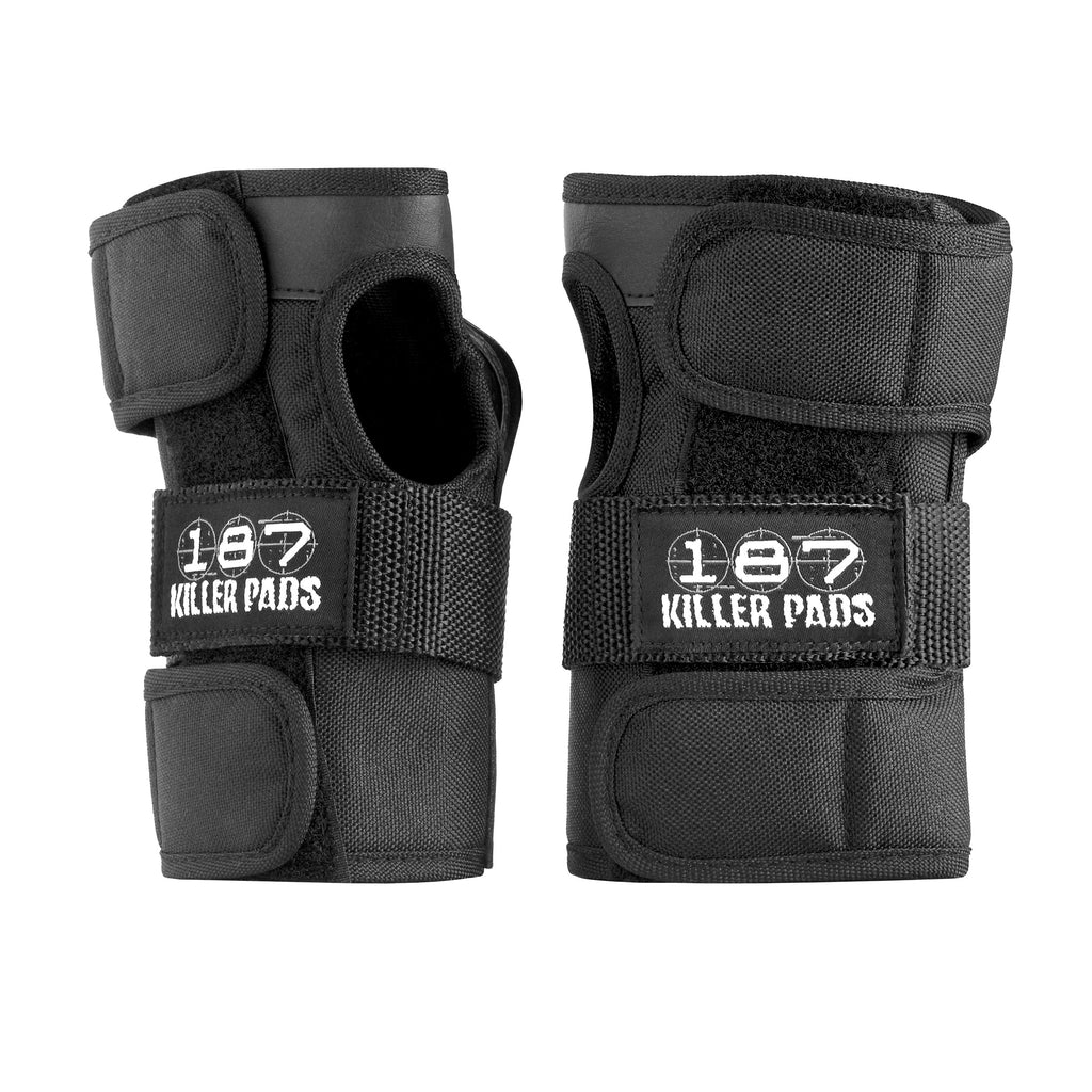 Pair of black wrist guards with 187 Killer Pads logo on a white background