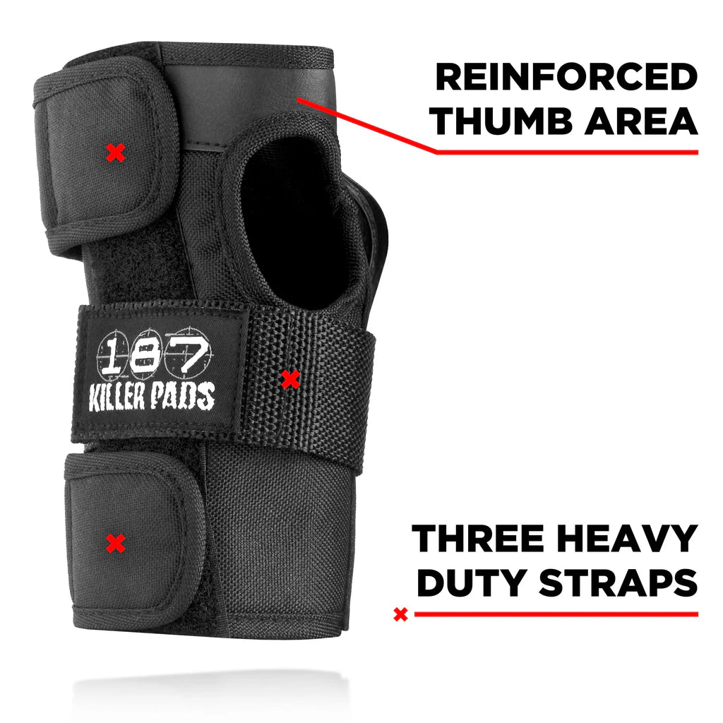 Black wrist guard with reinforced thumb area and three heavy-duty straps, featuring '187 Killer Pads' branding.
