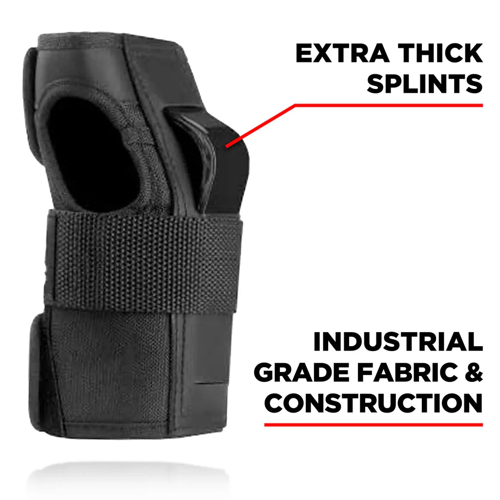 Black wrist guard with text highlighting 'extra thick splints' and 'industrial grade fabric & construction'.