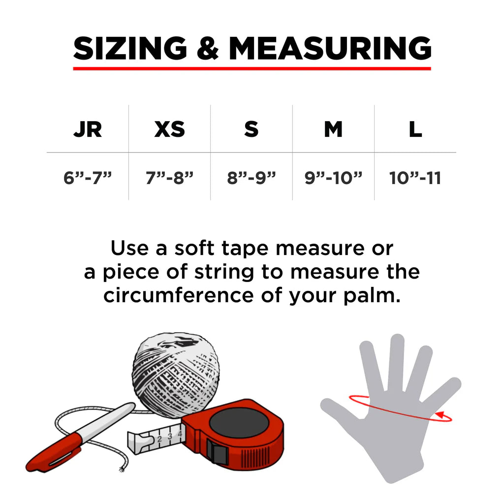 Sizing chart for measuring palm size with illustrations of a tape measure and hand.