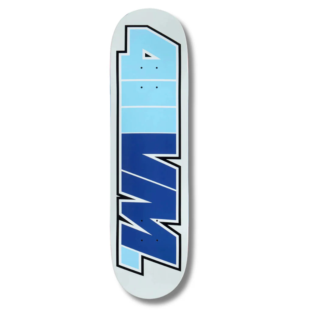 Skateboard deck with blue and light blue logo on a white background