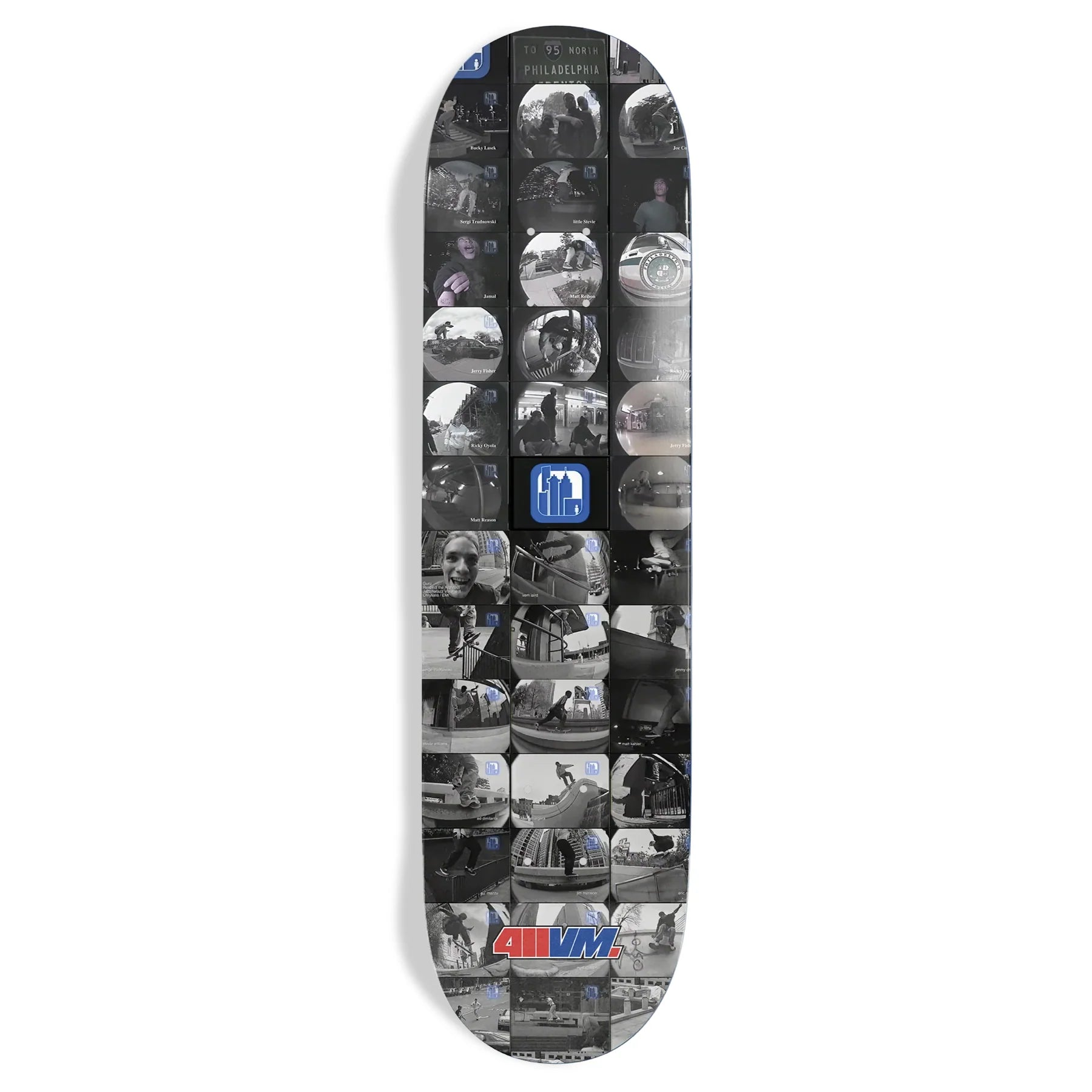 Skateboard deck with collage of images and visible brand logo on a white background