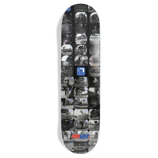 Skateboard deck with collage of images and visible brand logo on a white background