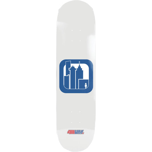 White skateboard deck with blue graphic and '411' logo on a white background