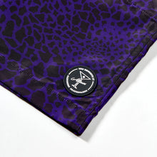 Load image into Gallery viewer, ALLTIMERS RAFFE CAMO SHORTS PURPLE SWIM SELECT SKATE SHOP HOUSTON TEXAS SLCTH.SHOP NEAR ME Giraffe Camo :)   Rubber Patch on the bottom   Mesh Pockets   Back Pocket With Velcro Seal   Drawstring to keep em on   100% Polyester 