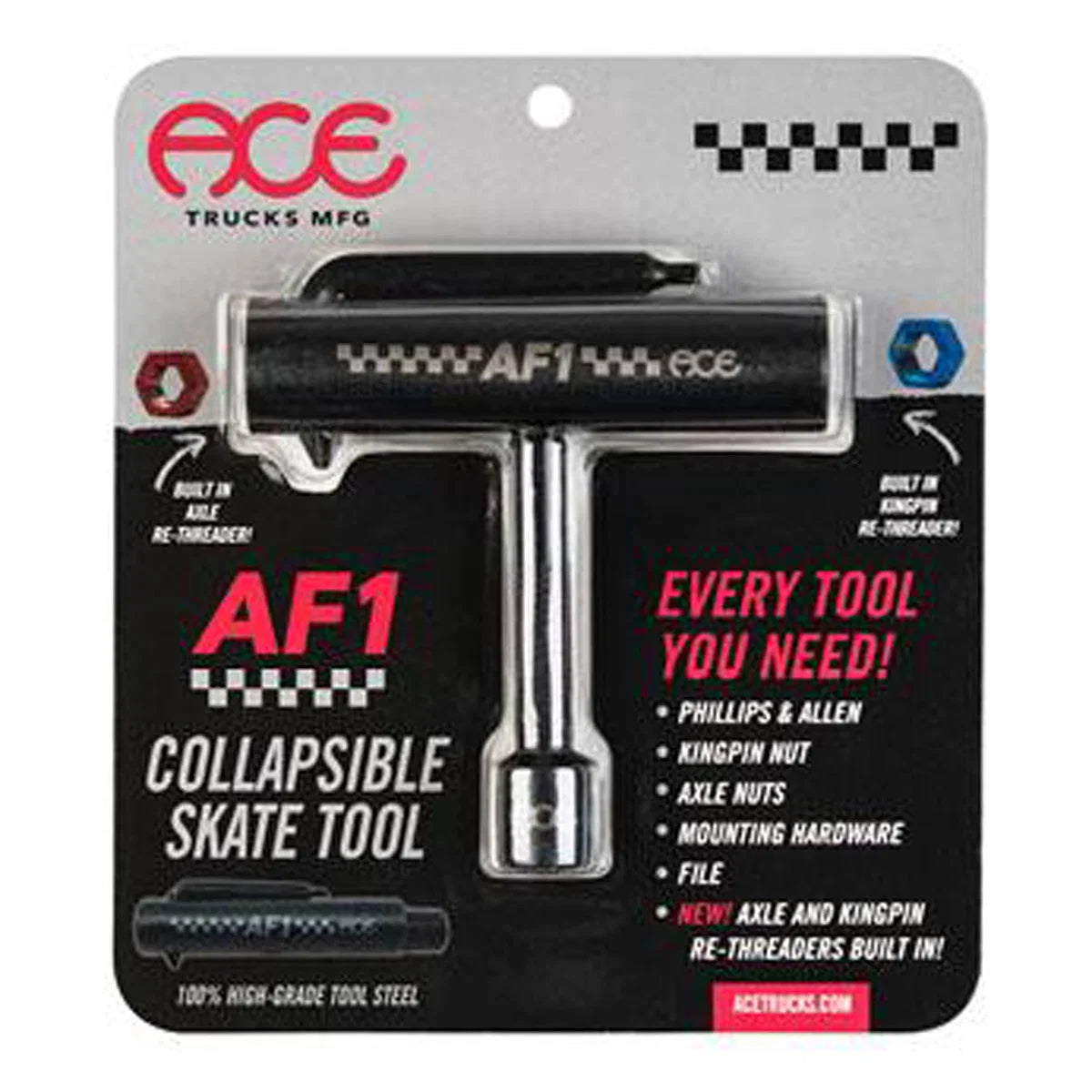 ACE AF1 Collapsible Skate Tool in its original retail blister packaging. The tool is black with silver steel components, including a chrome handle and socket, and features a black and silver card backing with red and white text.