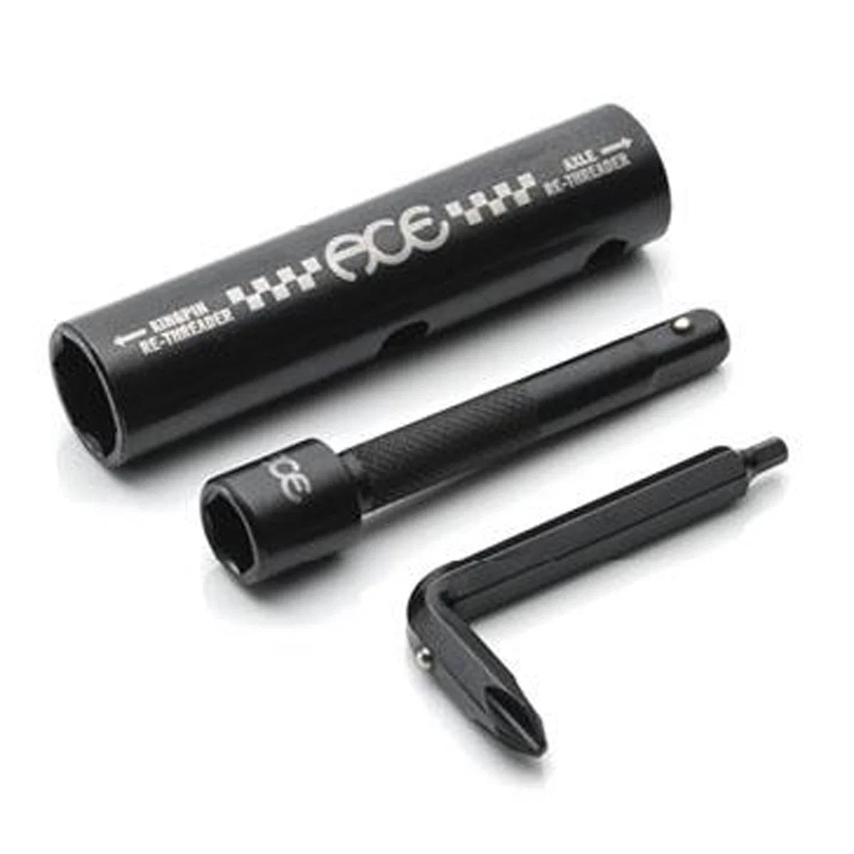 A black ACE skate tool set on a white background, including a 30mm rear threadlock tool, a 30mm front threadlock tool, and a hex key.