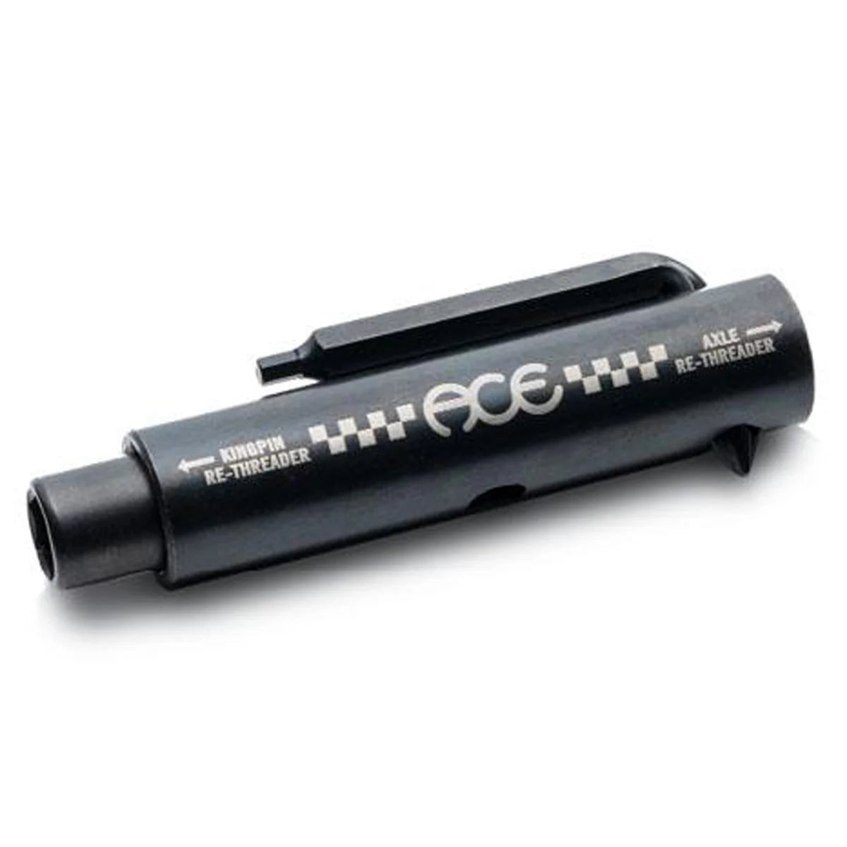A black metal automotive re-threader tool with white printed text and logo, shown on a plain white background.