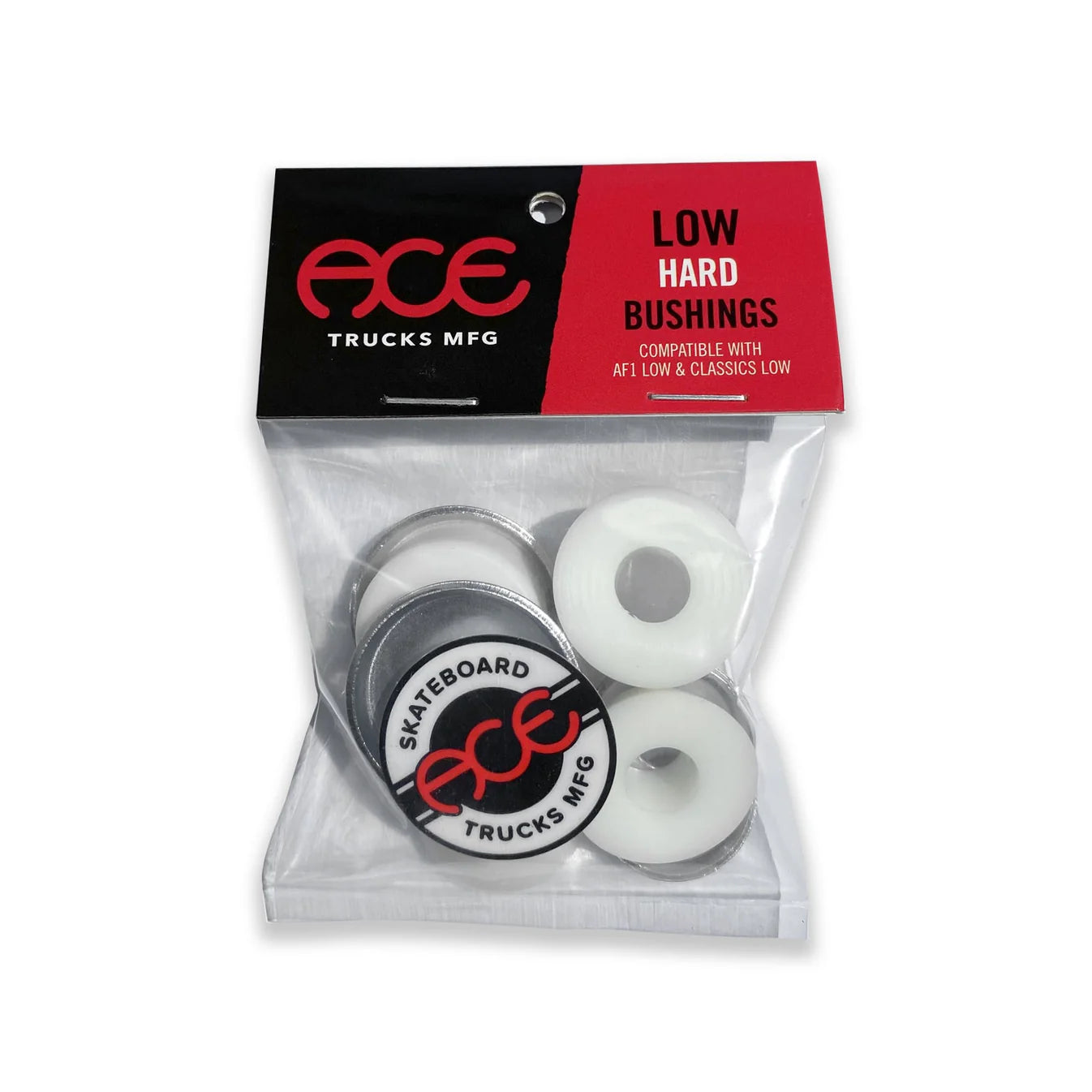 Packaged skateboard bushings with ACE Trucks MFG branding on a white background