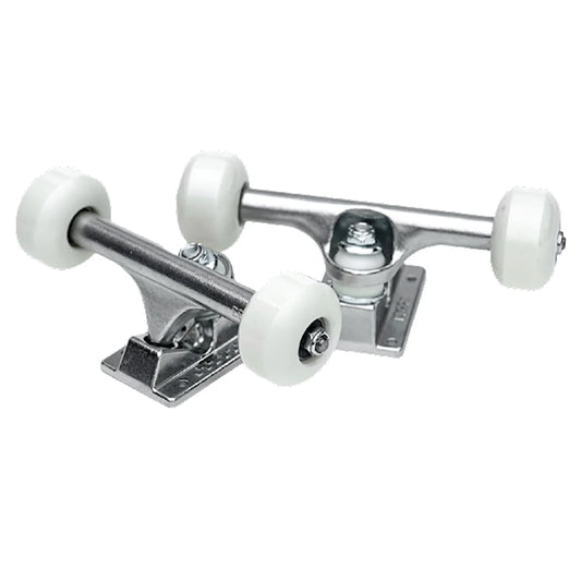 Skateboard truck with white wheels on a white background