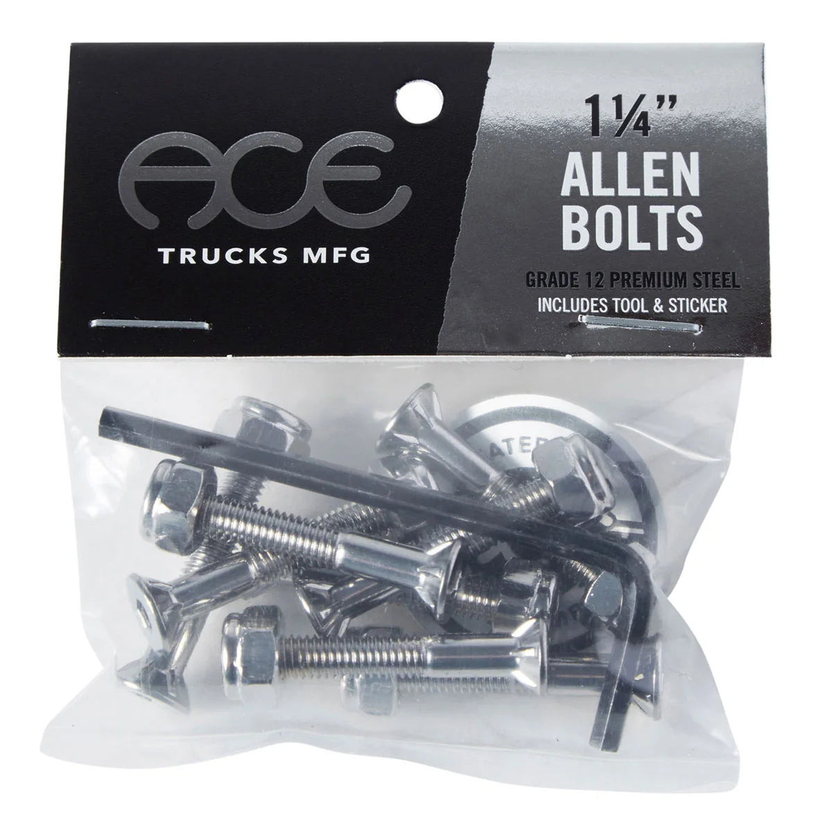 Pack of 1 1/4 inch Allen bolts in a clear plastic bag with a black and silver header card labeled 'aCE TRUCKS MFG'.