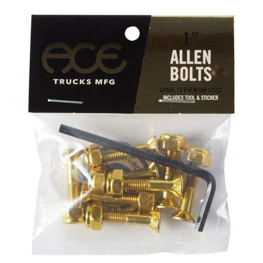 A package of Ace Trucks Mfg 1-inch Allen Bolts in a clear plastic bag with a black and brown header card. The package contains gold-colored bolts, nuts, and a black hex wrench.