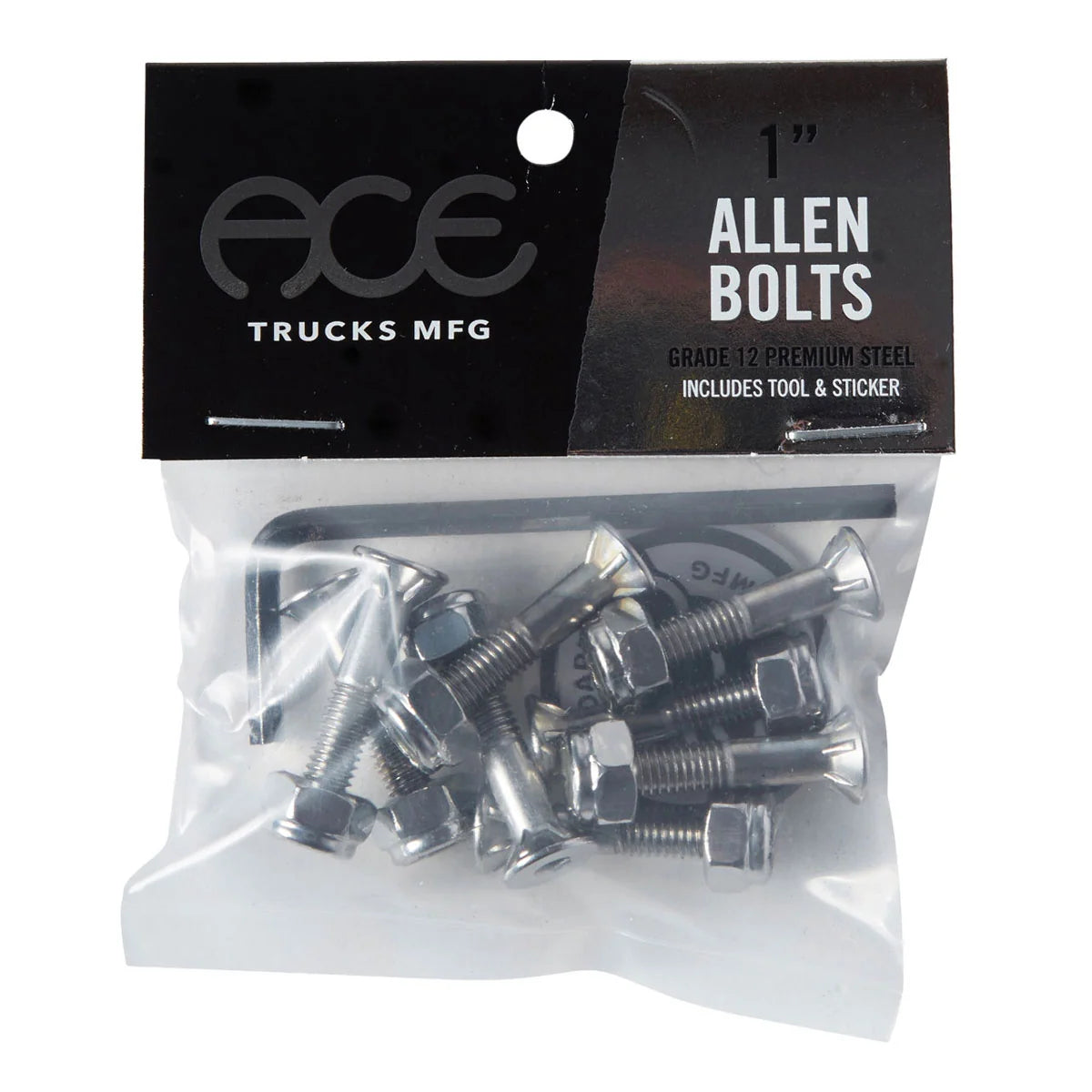 A clear plastic bag containing several silver Allen bolts with a black header card labeled 'ACE Trucks Mfg' and '1" Allen Bolts' on a white background.