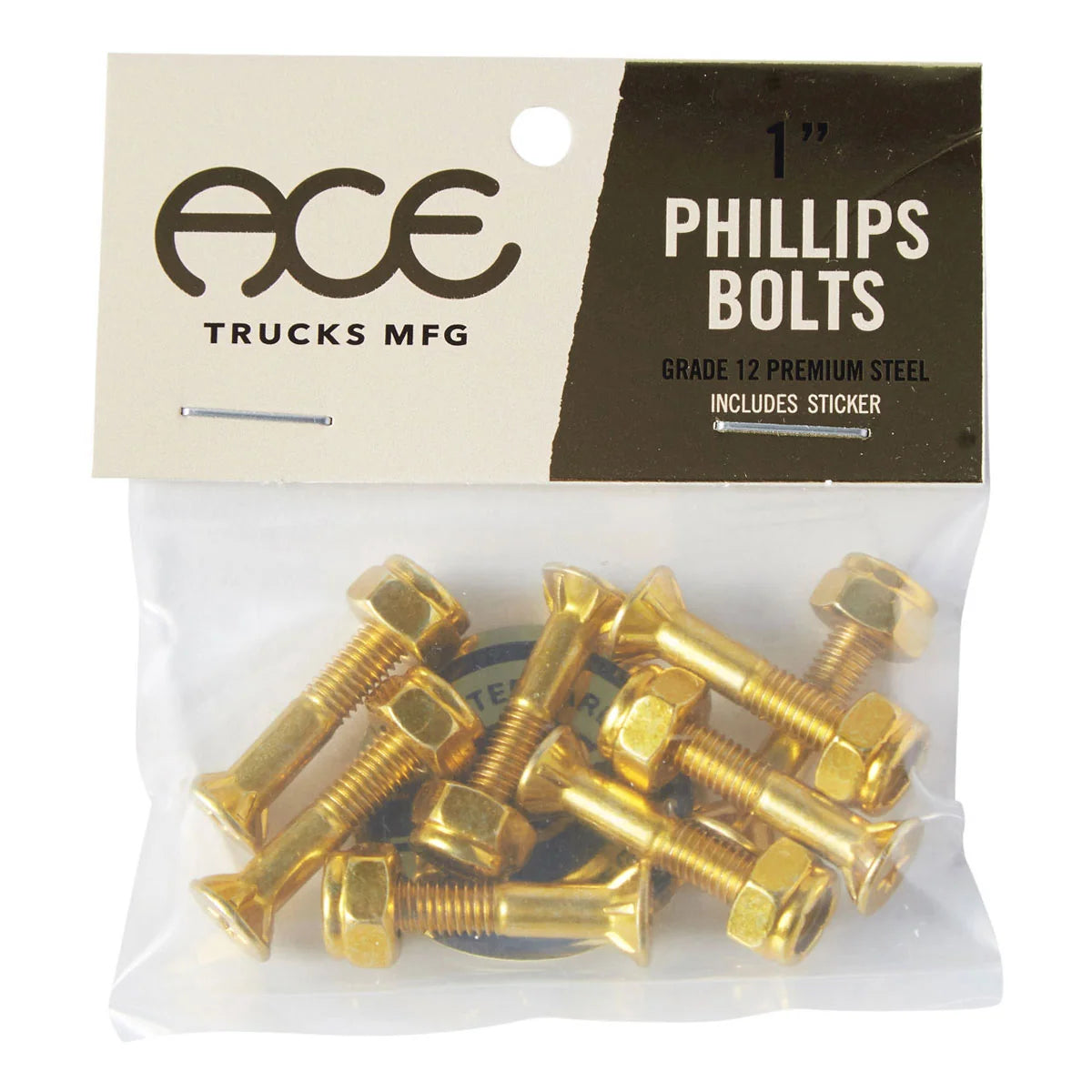 A clear plastic bag containing several brass-colored Phillips head bolts, sealed with a cardboard header card labeled 'ACE TRUCKS MFG' and 'PHILLIPS BOLTS'.
