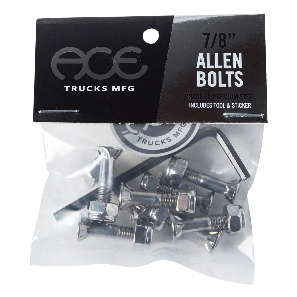 ACE Trucks Mfg 7/8 inch Allen bolts in a clear plastic bag with a black header card, shown on a white background.