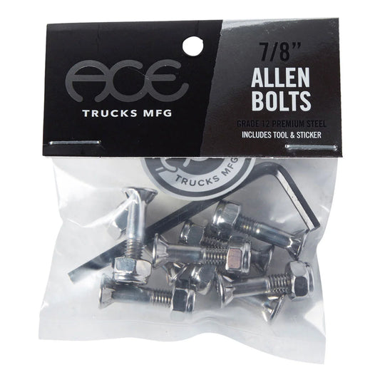 ACE Trucks Mfg 7/8 inch Allen bolts in a clear plastic bag with a black header card, shown on a white background.
