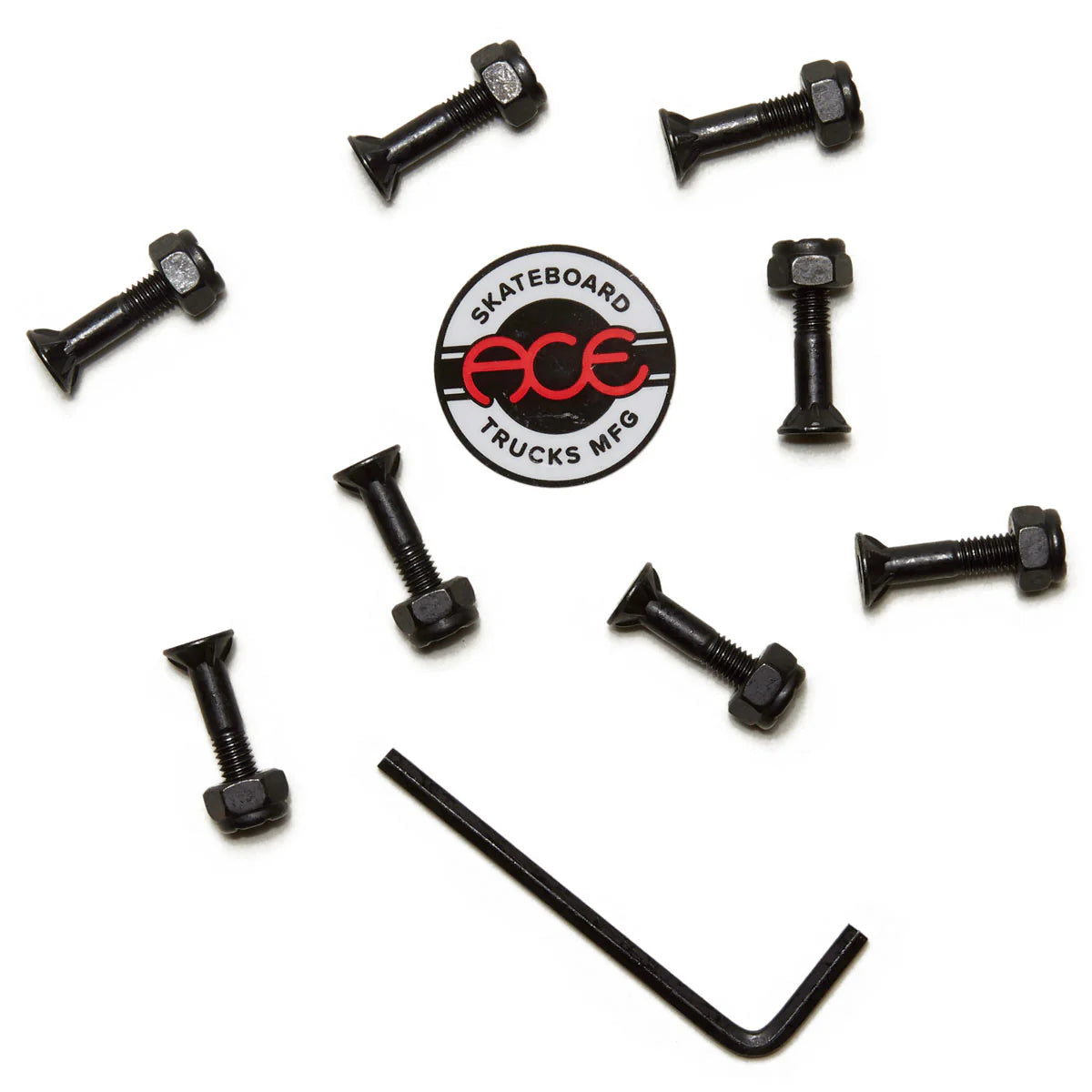 Black screws arranged around a Skateboard Ace Trucks MFG logo on a white background