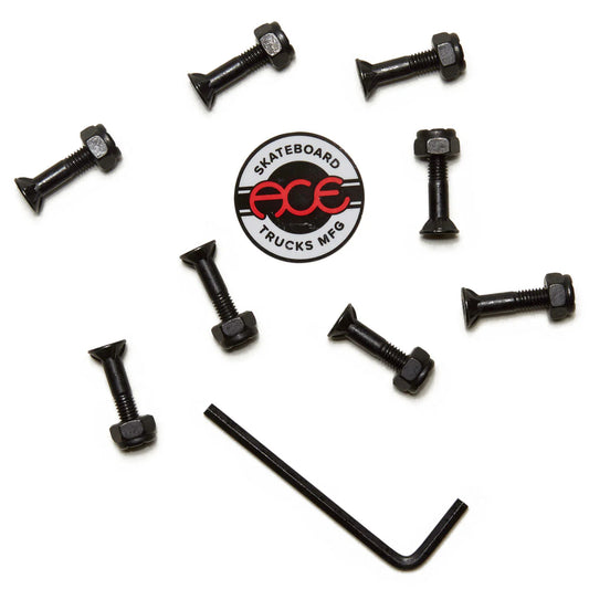 Black screws arranged around a Skateboard Ace Trucks MFG logo on a white background