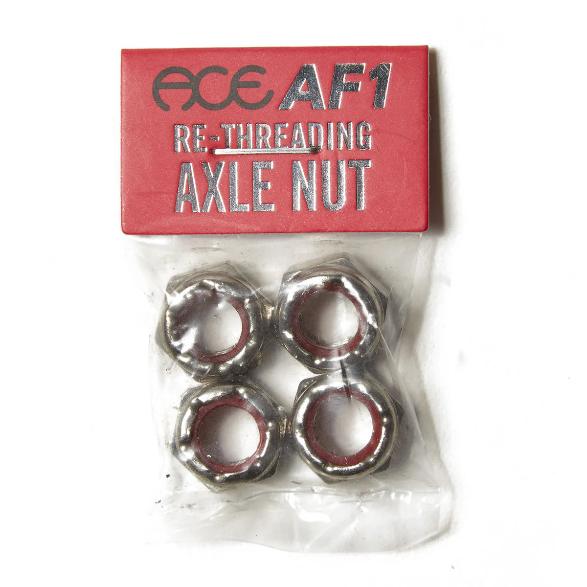 Packaged metal axle nuts with a red label on a white background