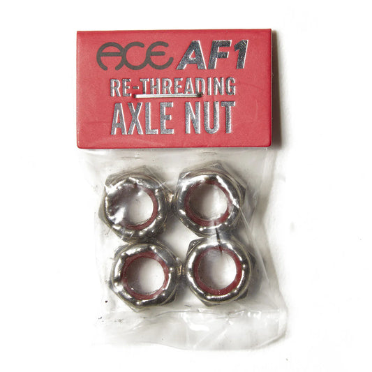 Packaged metal axle nuts with a red label on a white background