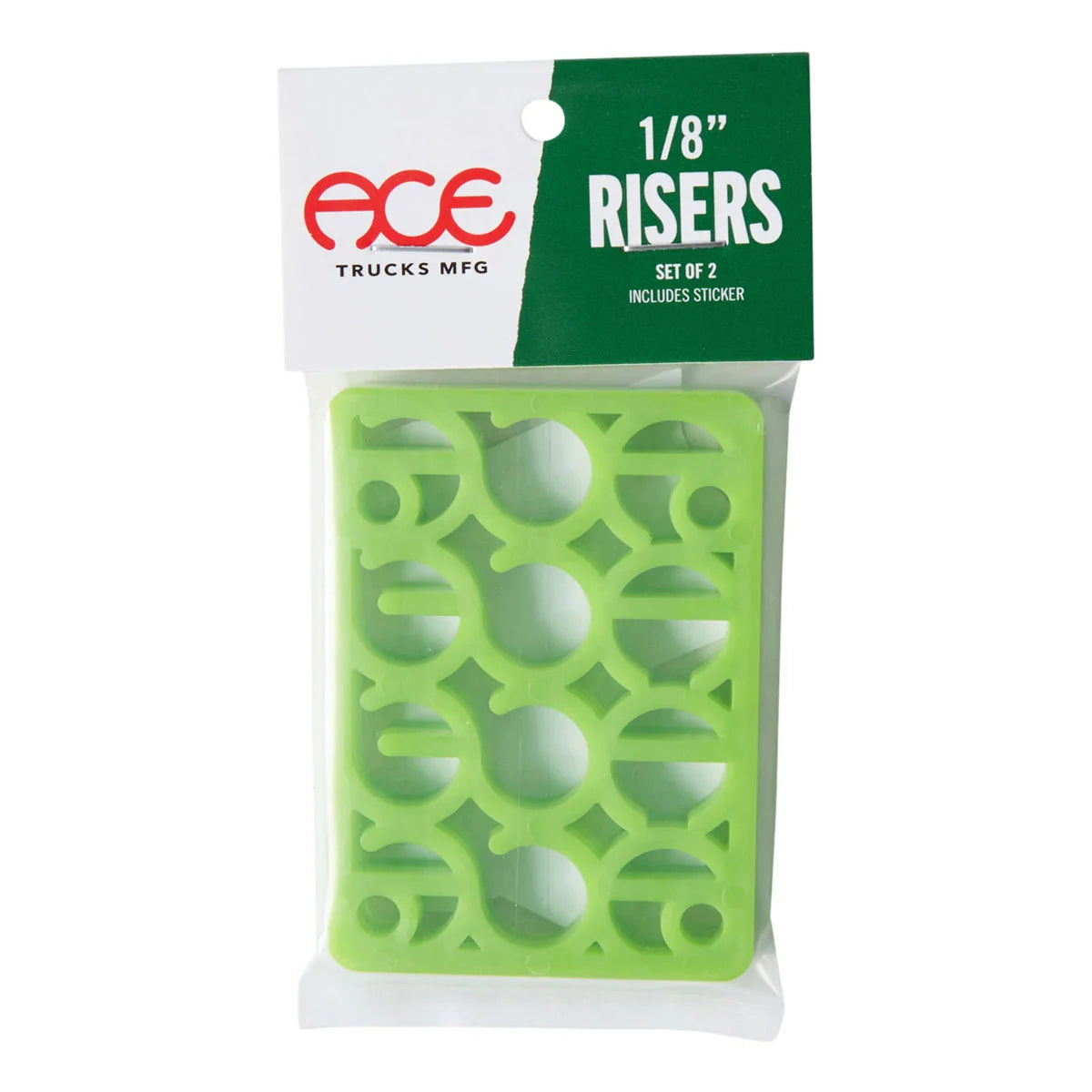 A packaged set of two bright green truck risers with a white and green header card. The header card displays the red 'ACE TRUCKS MFG' logo and text reading '1/8" RISERS'.