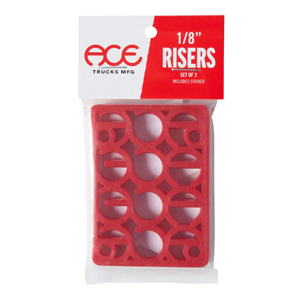 ACE Trucks Mfg. 1/8 inch risers set of 2 in red, packaged in a clear plastic bag with a white and red header card.