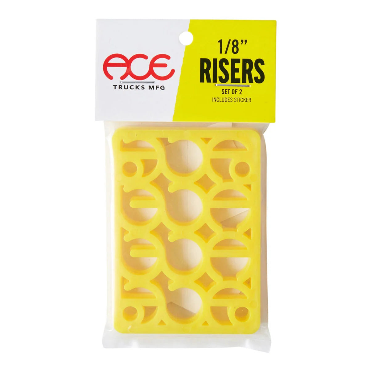 A packaged set of two yellow truck risers by ACE Trucks Mfg. The product is shown in its clear plastic blister packaging with a white and yellow cardboard header card.