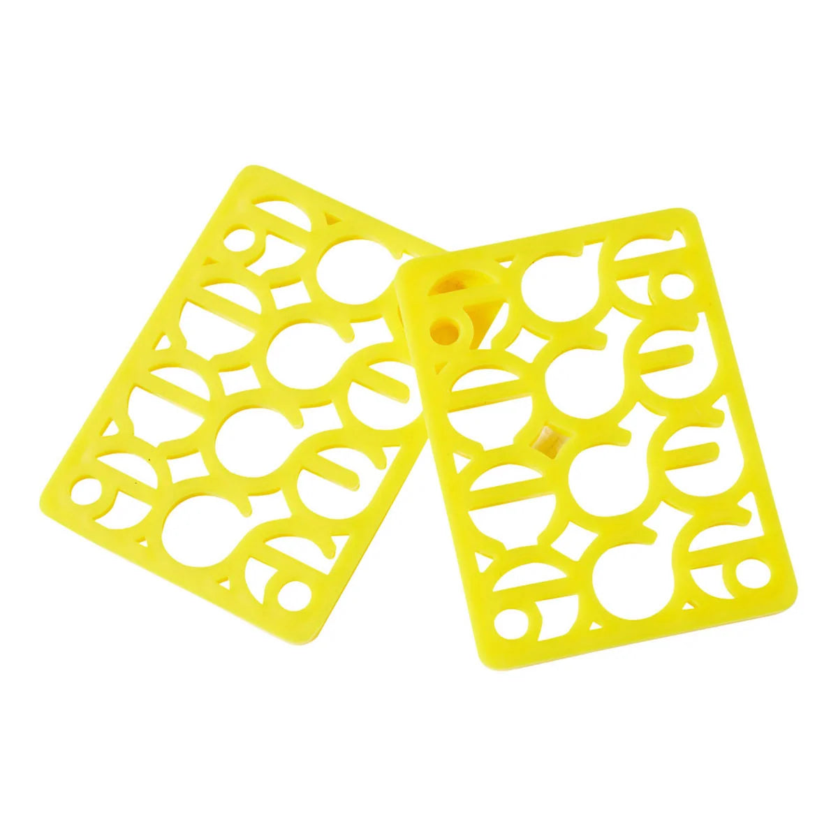 Two bright yellow rectangular plastic trays with circular and semi-circular cutouts, displayed overlapping on a plain white background.