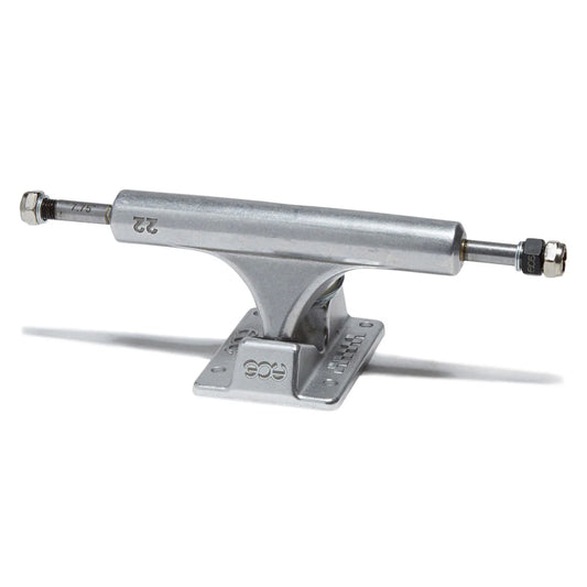 Skateboard truck with metal finish on a white background