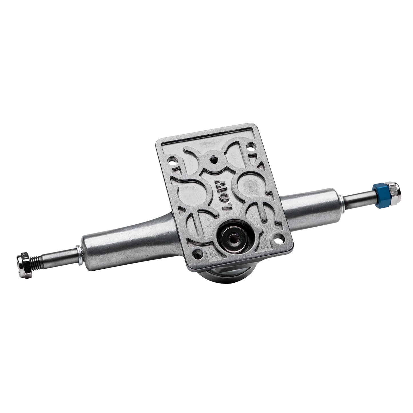 Skateboard truck with decorative top plate on a white background