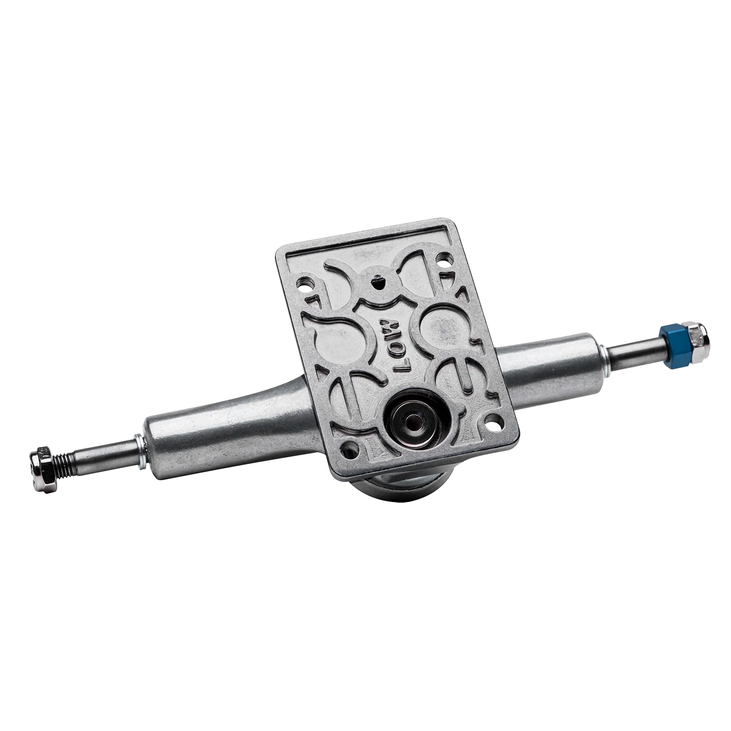 Skateboard truck with decorative top plate on a white background