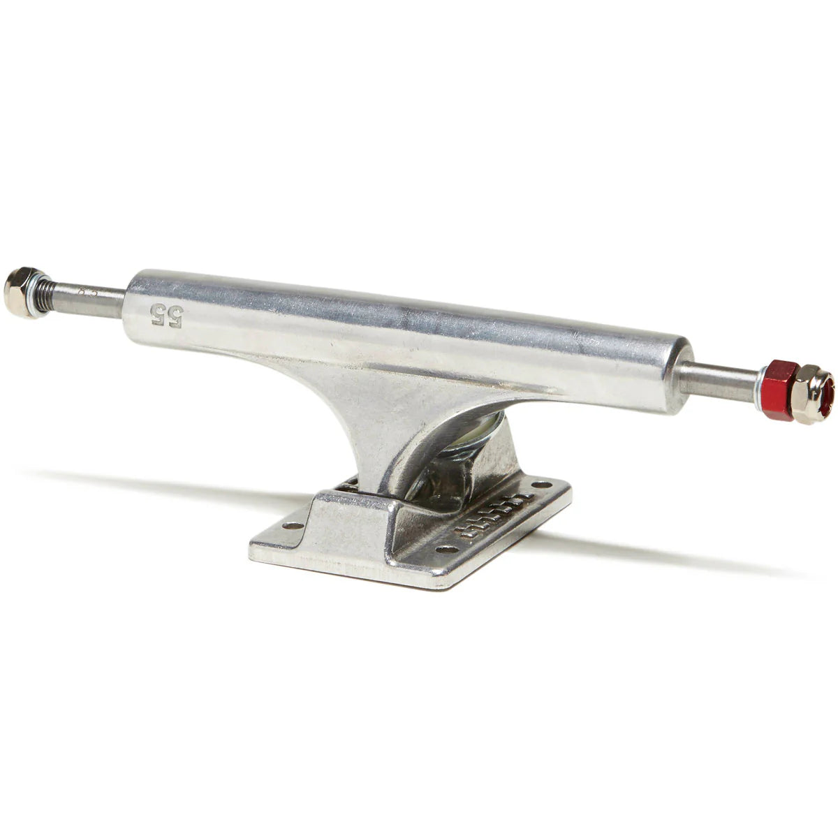 Skateboard truck with silver metal finish on a white background