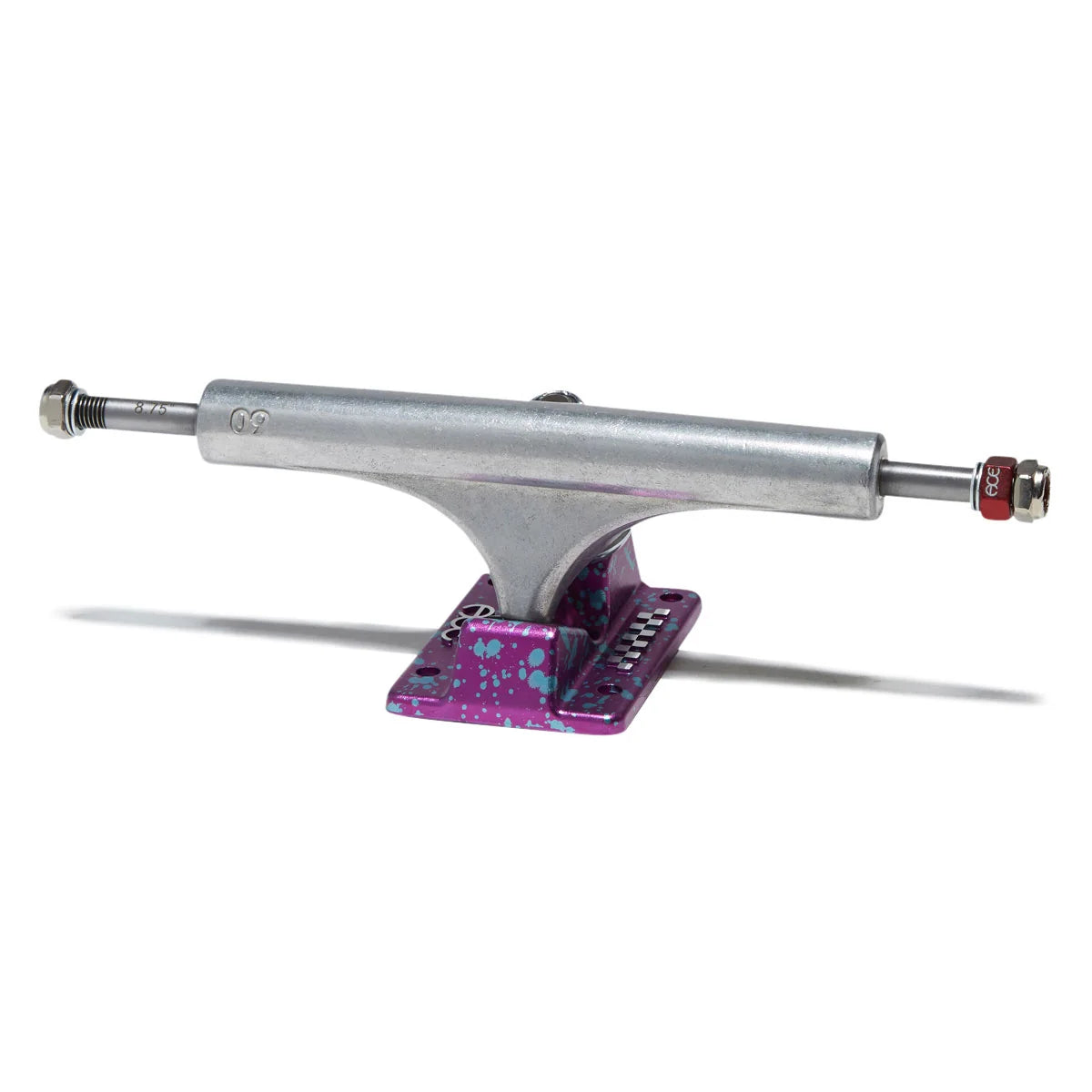 A single skateboard truck with a silver metal body and a purple paint-splatter base plate, shown on a clean white background.