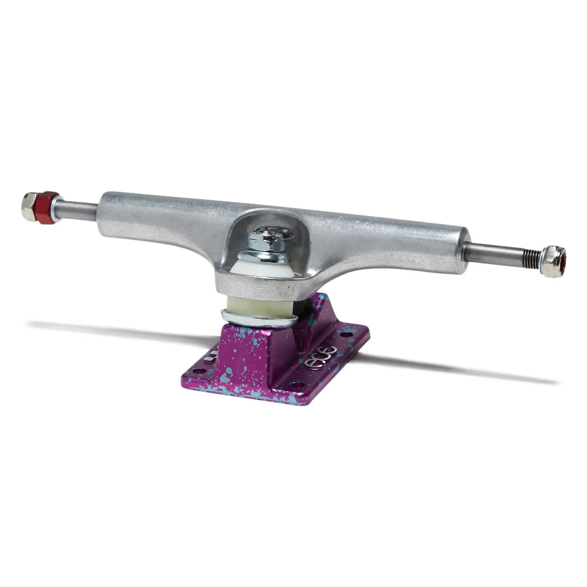 A single skateboard truck with a silver metal hardware assembly and a purple anodized base plate with silver speckling, shown on a white background.