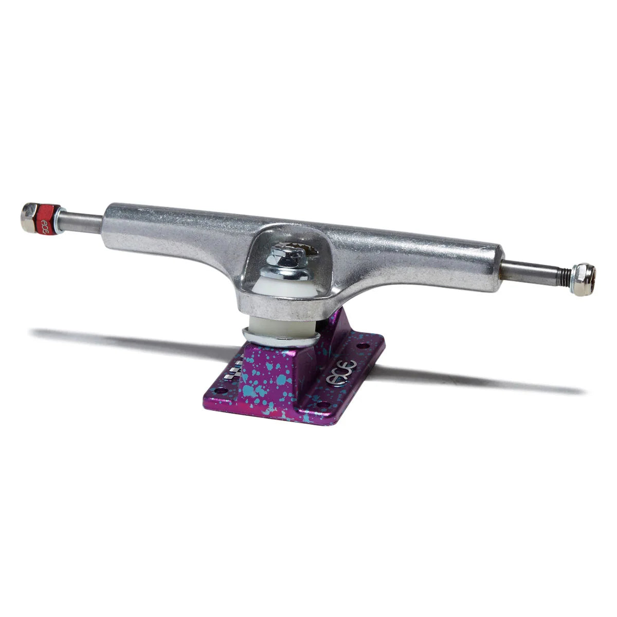 A single skateboard truck with a silver metallic chrome hardware and a purple anodized base plate featuring blue and white paint splatters, shown on a white background with a soft shadow.
