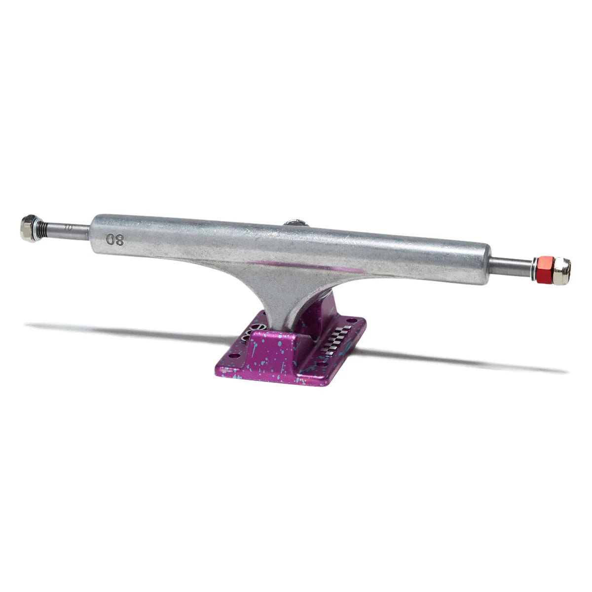 A single skateboard truck with a silver metal body and a purple glittery base, shown on a plain white background with a soft shadow.