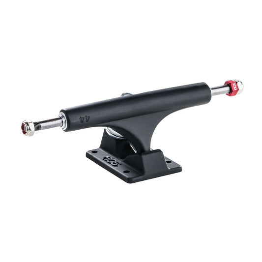 Black skateboard truck with red and silver accents on a white background