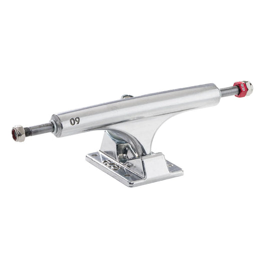 Chrome metal truck for a skateboard on a white background