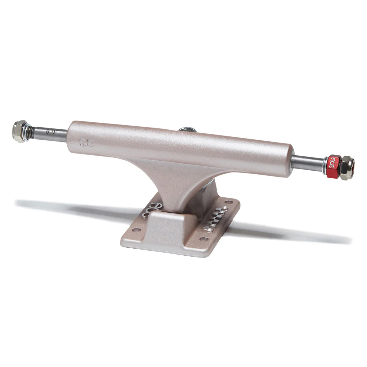 Skateboard truck with silver metal finish on a white background