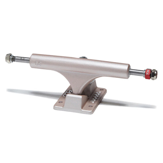 Skateboard truck with silver metal finish on a white background